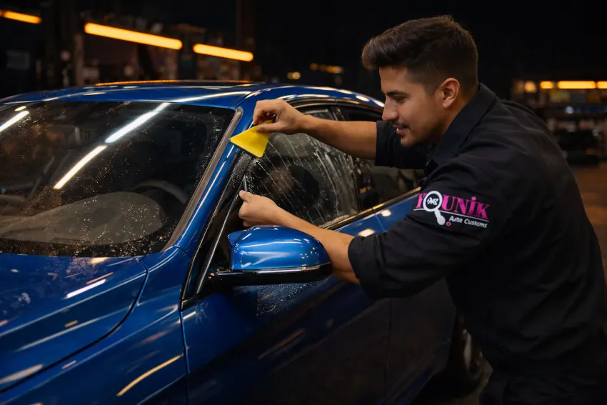 A Younik Auto Detailing Techician Applying Window Tinting